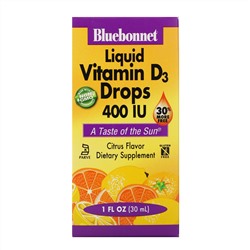 Bluebonnet Nutrition, Жидкий витамин D3 в каплях, натуральный аромат цитрусовых, 400 МЕ, 1 жидк. унц. (30 мл)