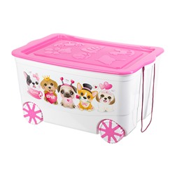 Ящик для игрушек 55 л 61*41*33 см "KidsBox" "Милые щенки" белый с розовой крышкой, на колёсах