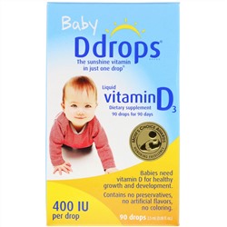 Ddrops, Для детей, жидкий витамин D3, 400 МЕ, 90 капель, 2,5 мл (0,08 жидкой унции)