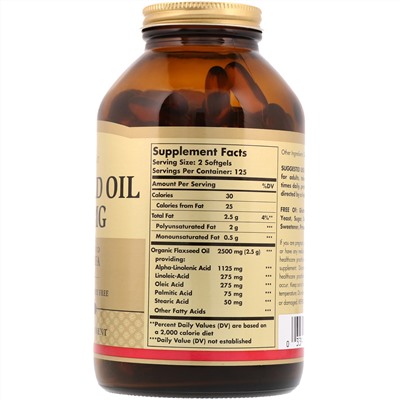Solgar, Льняное масло, 1250 мг, 250 мягких желатиновых капсул