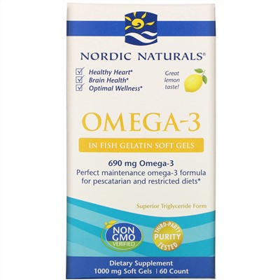 Nordic Naturals, омега-3, лимон, 1000 мг, 60 капсул