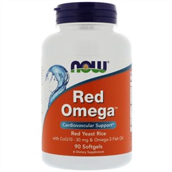Now Foods, Red Omega, красный ферментированный рис с CoQ10, 30 мг, 90 мягких желатиновых капсул