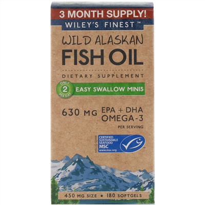 Wiley's Finest, Wild Alaskan Fish Oil, Easy Swallow Minis, 630 mg, 180 Softgels