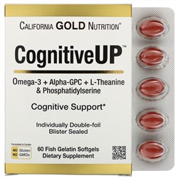 California Gold Nutrition, CognitiveUP, омега-3, альфа-ГФХ, теанин и фосфатидилсерин, 60 рыбно-желатиновых капсул