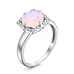 Кольцо из серебра с плавленым кварцем цвета лунный розовый и фианитами родированное