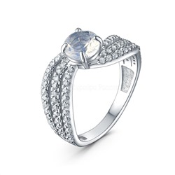 Кольцо из серебра с плавленым кварцем цвета белый лунный камень и фианитами родированное 1-533р136