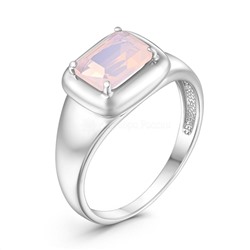 Кольцо из серебра с плавленым кварцем цвета лунный розовый родированное