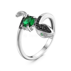 Кольцо из серебра с чёрной шпинелью и зелёными фианитами родированное- Змея