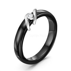 Кольцо из серебра с чёрной керамикой и фианитом родированное TC-R01632-B-W-W-X-X